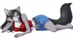 anthro arm_support barefoot belt biped black_hair black_nose breasts canid canine canis centch cleavage clothed clothing denim feet female grey_hair hair long_hair looking_at_viewer lying mammal midriff navel simple_background smile solo tail white_background wolf