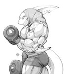 anthro biceps bodily_fluids bottomwear clothing dual_holding exercise holding_dumbbell holding_object hoodie male muscular muscular_anthro muscular_male pecs shorts solo sweat topwear vein weightlifting workout chirros fish marine shark hi_res monochrome