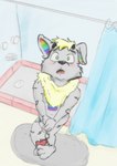 anthro balls blush covering covering_crotch covering_penis covering_self demichi_(species) embarrassed fur genitals grey_body grey_fur male nude solo anonymous_artist demichi_(demichi) canid canine mammal