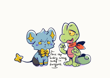 annoyed black_body black_fur blue_body blue_fur bow_tie duo fur green_body half-closed_eyes narrowed_eyes open_mouth red_scarf scarf tail text worried yellow_bow_tie yellow_eyes thatlazyrat nintendo pokemon pokemon_mystery_dungeon spike_chunsoft generation_3_pokemon generation_4_pokemon pokemon_(species) shinx treecko 2021 english_description english_text