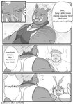 2022 anthro blood blush bodily_fluids bon_donuts clothing comic duo english_text eyes_closed hi_res humanoid_hands kemono male mammal monochrome musclegut muscular nosebleed shirt slightly_chubby suid suina sus_(pig) text topwear wild_boar