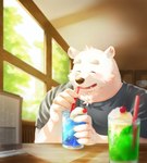 anthro blush detailed_background drinking eyes_closed fur humanoid_hands inside kemono male overweight overweight_male sitting solo white_body white_fur ga_sai7 utau shirane_kan bear mammal polar_bear ursine 2021 hi_res