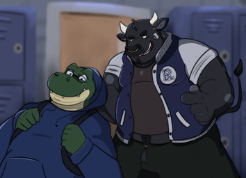 anthro backpack black_body bottomwear clothing detailed_background duo eyewear facial_piercing glasses hoodie humanoid_hands inside male nose_piercing nose_ring overweight overweight_male pants piercing ring_piercing shirt topwear dippubear bovid bovine cattle crocodile crocodilian mammal reptile scalie 2020 hi_res