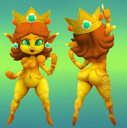 alternate_species big_butt breasts brown_hair butt crown ear_piercing eyelashes featureless_breasts featureless_crotch featureless_feet feet female front_view green_background green_eyes green_sclera hair headgear humanoid_pointy_ears markings navel open_mouth open_smile orange_body piercing pointy_ears rear_view simple_background small_breasts smile solo thick_thighs wide_hips yellow_body yellow_markings outta_sync mario_bros nintendo the_legend_of_zelda princess_daisy humanoid imp twili hi_res