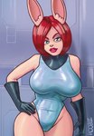 anthro big_breasts breasts camel_toe clothed clothing female gloves handwear latex leotard lips lipstick looking_at_viewer makeup solo wide_hips zaboom lagomorph leporid mammal rabbit