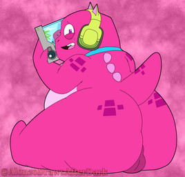 anthro balls biped electronics genitals headphones looking_at_viewer looking_back male pink_body sitting solo tablet turned_around turned_away alonzodrawsafterdark gameoverse glitch_productions gobbles_(gameoverse) dinosaur prehistoric_species reptile scalie 2026 hi_res