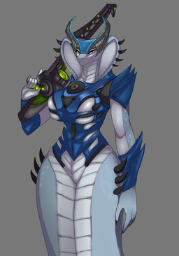 anthro apode armor big_breasts breast_squish breasts clothing female headgear headwear legless looking_at_viewer non-mammal_breasts pale_scales red_eyes scales serpentine small_waist snake_hood solo spikes squish tail thick_tail tight_armor tight_clothing unconvincing_armor ventral_scales weapon weapon_on_shoulder wide_hips 9live x-com draconcopode naga scalie viper_(x-com) hi_res