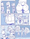 2020 aged_up amy_rose anthro archie_comics athletic_wear big_breasts biped blaze_the_cat blue_and_white bottomwear breasts butt butt_focus canid canine clothed clothing comic cream_the_rabbit dialogue digital_media_(artwork) domestic_cat ear_piercing english_text eulipotyphlan felid feline felis female fingers fox fur group hair half-closed_eyes hedgehog herpestid hi_res lagomorph legwear leporid looking_at_viewer looking_back loshon male mammal miles_prower mina_mongoose mongoose monochrome narrowed_eyes pants piercing rabbit rear_view sega shirt shorts simple_background smile smirk sonic_the_hedgehog_(archie) sonic_the_hedgehog_(comics) sonic_the_hedgehog_(series) standing t-shirt tail tail_tuft text tight_bottomwear tight_clothing tight_pants topwear tuft wide_hips