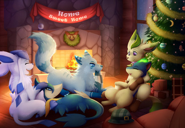 ambiguous_gender bell blue_body blue_eyes blue_fur christmas_tree clothing eyes_closed fangs feral fire fireplace floor fur gloves green_body green_fur group handwear hat headgear headwear holidays inside leaf night plant rock snout teeth text tree wood wood_floor meraence christmas nintendo pokemon canid canine canis eeveelution generation_2_pokemon generation_4_pokemon generation_5_pokemon glaceon leafeon mammal pokemon_(species) quilava servine wolf 2016 digital_drawing_(artwork) digital_media_(artwork) english_text hi_res