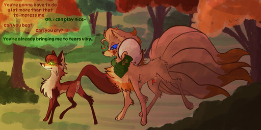 animal_genitalia animal_penis anus canine_genitalia canine_penis closed_smile dialogue duo fangs female feral feral_on_feral forest fur genitals green_eyes intimate male male/female mouth_closed orange_body orange_fur penis penis_tip plant smile teasing teeth text tree vulva wispyvixen nintendo pokemon canid canine fox generation_1_pokemon mammal ninetales pokemon_(species) red_fox true_fox 2023 english_text hi_res
