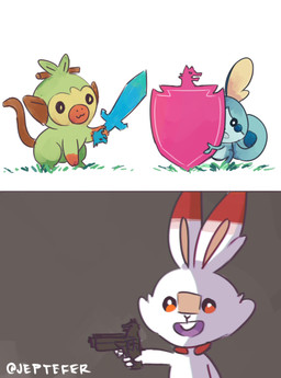 ambiguous_gender feral group gun handgun happy holding_gun holding_melee_weapon holding_object holding_ranged_weapon holding_shield holding_sword holding_weapon humor melee_weapon open_mouth ranged_weapon shield simple_background smile starter_trio sword weapon jeptefer delet_this nintendo pokemon generation_8_pokemon grookey lagomorph mammal pokemon_(species) primate reptile scalie scorbunny sobble 2019 absurd_res hi_res meme