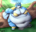 accessory anthro belly big_belly big_breasts blue_body blue_eyes blue_hair breasts clothing female footwear furgonomics grass hair huge_belly hyper hyper_belly jewelry lips love_handles morbidly_obese morbidly_obese_anthro morbidly_obese_female navel necklace obese obese_anthro obese_female outside overweight overweight_anthro overweight_female plant sandals shoes smile solo tail tail_accessory tailband tree wenisberry nintendo star_fox krystal_(star_fox) canid canine fox mammal 2021 digital_media_(artwork) hi_res