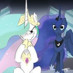 1:1 absurd_res blue_body blue_wings crown duo equid equine female friendship_is_magic gradient_background grin grinch_smile hasbro headgear hi_res horn horse mammal mane multicolored_mane multicolored_tail my_little_pony mythological_creature mythological_equine mythology pony princess_celestia_(mlp) princess_luna_(mlp) simple_background sitting smile tail tiara tuskonline unicorn_horn white_body winged_unicorn wings worried