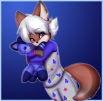 5_fingers anthro blue_background brown_body brown_fur brown_nose cheek_tuft clothing countershade_face countershade_fur countershading facial_tuft fingers fluffy fluffy_tail fur gradient_background hair holding_object holding_plushie inner_ear_fluff looking_at_viewer male pajamas plushie prick_ears purple_eyes simple_background solo tail tied_hair tuft white_hair young hardyboy djijey_hellfire lumo_(character) digital_drawing_(artwork) digital_media_(artwork) hi_res portrait shaded soft_shading three-quarter_portrait