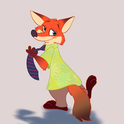 3_toes 4_fingers anthro barefoot black_nose bottomwear cheek_tuft clothed clothing facial_tuft feet fingers fully_clothed fur green_eyes head_tuft necktie orange_body orange_fur pants shirt simple_background smile solo toes topwear tuft goldenrod_(artist) disney zootopia nick_wilde canid canine fox mammal red_fox true_fox 1:1 2015 hi_res