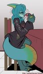 anthro beverage clothed clothing coffee female fur furniture green_body green_fur green_hair hair half-closed_eyes narrowed_eyes shirt solo table text text_on_clothing text_on_shirt text_on_topwear topwear fuf capcom metallica monster_hunter amphibian_(mh) zamtrios hi_res