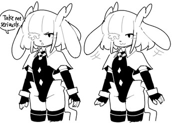 :3 anthro antlers armwear bangs biped blunt_bangs bulge capelet clothed clothing elbow_gloves femboy fingerless_gloves floppy_ears gloves handwear horn legwear leotard lop_ears male solo speech_bubble tail text thigh_highs cibastion pseudoregalia sylas_(cibastion) bovid caprine felid feline goat lagomorph mammal english_text