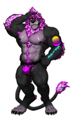 abs anthro armpit_hair black_body blue_markings body_hair bulge chest_hair clothed clothing front_view grey_body hair hand_on_hip jockstrap looking_at_viewer male male_anthro markings mouth_closed muscular muscular_anthro muscular_male nipples pecs pink_hair pubes purple_nipples simple_background solo standing topless underwear unusual_eyes white_background dust_yang felid lion mammal pantherine 3:5 absurd_res full-length_portrait hi_res portrait