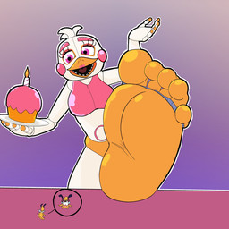 5_toes antennae_(anatomy) anthro beak big_feet butt cupcake dominant dominant_female duo extreme_size_difference eyebrows feet female food foot_fetish foot_focus holding_object holding_plate looking_up machine male open_beak open_mouth orange_feet orange_fingers pink_cheeks pink_eyebrows pink_eyes plate simple_background size_difference toes white_body wings yellow_body flinttheyordle five_nights_at_freddy's freddy_fazbear's_pizzeria_simulator scottgames cupcake_(fnaf) funtime_chica_(fnaf) honeycomb_(shrinkybee) animatronic arthropod avian bee bird chicken galliform hymenopteran insect phasianid robot robot_anthro 1:1 hi_res