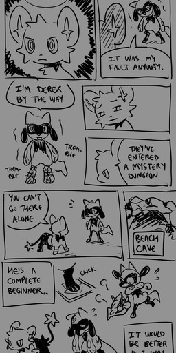 10_panel_comic ambiguous_gender anthro bag biped black_text cave cheek_tuft dialogue duo ellipsis eyebrows eyes_closed facial_tuft feral fur looking_at_another looking_back motion_lines mouth_closed name_drop name_in_dialogue open_mouth open_smile pupils quadruped smile sound_effects speech_bubble standing tail talking_to_another text text_box tongue tuft walking wounded flavia-elric nintendo pokemon pokemon_mystery_dungeon spike_chunsoft derek_(flavia-elric) shen_(flavia-elric) generation_1_pokemon generation_4_pokemon pokemon_(species) riolu shellder shinx 2025 absurd_res comic english_text hi_res monochrome