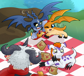 bedding black_body black_fur blanket feral fur group hair male orange_body orange_fur picnic picnic_blanket red_hair white_body white_fur white_hair wings loryplaykd bandai_namco digimon digimon_story:_time_stranger aegiomon demidevimon digimon_(species) gomamon humanoid patamon hi_res