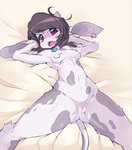 anthro bed blush bodily_fluids bovid bovine breast_milking breasts cattle ear_piercing ear_tag female furniture genitals holstein_friesian_cattle lactating machine mammal milk milking_machine nipples nude on_bed open_mouth piercing pussy slugbox small_moo solo tongue