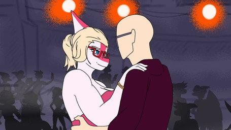 5_fingers abstract_background anthro bald bare_shoulders big_breasts blonde_hair blue_eyes bone_frill bracelet breasts clothing dancing dress duo eyewear female fingers frill_(anatomy) glasses gold_(metal) gold_bracelet gold_jewelry hair hand_holding jacket jewelry light-skinned_male light_body light_skin magenta_body magenta_scales male male/female medium_hair multicolored_body multicolored_scales music pink_clothing pink_dress ponytail prom rectangular_glasses red_clothing red_jacket red_topwear scales smile snout strapless_clothing strapless_dress sunglasses topwear two_tone_body two_tone_scales white_body white_scales sound_warning vexcorp cavemanon_studios i_wani_hug_that_gator inco_(iwhtg) olivia_halford dinosaur hadrosaurid human mammal ornithischian ornithopod parasaurolophus prehistoric_species reptile scalie 2026 2d_animation animated short_playtime sound video