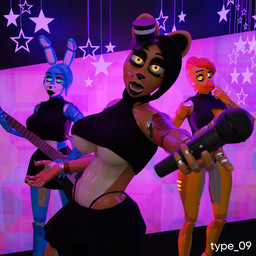 abs anthro beak big_breasts black_bottomwear black_clothing black_hair black_lips black_shirt black_skirt black_thong black_topwear black_underwear blue_body blue_eyes blue_hair bottomwear breasts brown_body clothing crossgender electric_guitar electronics female glowing glowing_eyes group guitar hair hat headgear headwear holding_guitar holding_microphone holding_musical_instrument holding_object lips looking_at_viewer machine microphone midriff mtf_crossgender musical_instrument non-mammal_breasts open_mouth plucked_string_instrument red_hair shirt short_hair skirt sleeveless_shirt string_instrument thick_thighs thong top_hat topwear trio under_boob underwear yellow_body yellow_eyes type_09 disembowell_(modeler) psychojohn2_(modeler) five_nights_at_freddy's five_nights_at_freddy's_2 scottgames chica_(fnaf) freddy_(fnaf) toy_bonnie_(fnaf) animatronic avian bear bird chicken galliform lagomorph leporid mammal phasianid rabbit robot robot_anthro 1:1 3d_(artwork) digital_media_(artwork) hi_res watermark