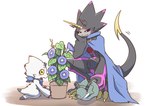 anthro belt black_body black_sclera cape clothing duo evolutionary_family flower horn male plant watering_can watering_flower sansyonoki64 bandai_namco digimon digimon_ghost_game digimon_(species) gammamon gulusgammamon hi_res