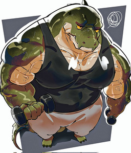 3_toes 5_fingers anthro barefoot biceps big_muscles biped black_background black_claws black_clothing black_shirt black_tank_top black_topwear bodily_fluids bottomwear claws clothed clothed_anthro clothed_male clothing countershade_arms countershade_face countershade_neck countershade_torso countershading dot_pupils dumbbell emanata feet finger_claws fingers flesh_fang front_view frustration_cloud fully_clothed fully_clothed_anthro fully_clothed_male furrowed_eyebrows green_body grey_bottomwear grey_clothing grey_pants high-angle_view holding_dumbbell holding_object looking_at_viewer looking_up looking_up_at_viewer male monotone_bottomwear monotone_clothing monotone_pants monotone_shirt monotone_topwear mouth_closed multicolored_body muscular muscular_anthro muscular_male orange_sclera pants pecs plantigrade shirt simple_background snout solo sweat sweaty_arms sweaty_face tail tail_ridge tan_body tan_countershading tank_top thick_neck toes topwear two_tone_body vein veiny_muscles weights white_background teseirei koda_(teseirei) crocodilian reptile scalie 2025 colored digital_drawing_(artwork) digital_media_(artwork) full-length_portrait hi_res portrait