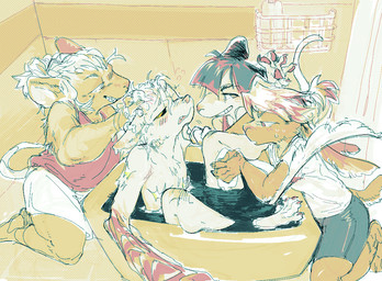 ambiguous_gender anthro bathing bathroom bathtub blush bodily_fluids bottomwear brown_body brown_fur clothing fangs female fur grin group hair highlights_(coloring) kneeling lying paws pincers pink_nose sharp_teeth shorts shower_curtain smile sweat teeth washcloth washing_another washing_hair white_body white_fur white_hair yellow_eyes phimeirai lancaster_(katabanyasis) canid canine canis mammal mouse murid murine rodent wolf colored_sketch sketch