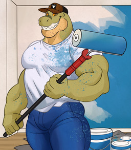 anthro biceps bottomwear clothing denim denim_bottomwear denim_clothing grin hat headgear headwear holding_object inside jeans male muscular muscular_anthro muscular_male paint paint_roller paint_splatter pants shirt smile smiling_at_viewer solo stubble teeth topwear white_clothing white_shirt white_topwear darknaigart jace_(darknaig) dinosaur prehistoric_species reptile saurischian scalie theropod tyrannosaurid tyrannosauroid tyrannosaurus tyrannosaurus_rex 2025 hi_res