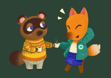 anthro apron beverage blue_apron blue_clothing blue_eyes brown_body brown_fur chibi clothing coffee duo fur male orange_body orange_fur pupils slit_pupils cheriimayo animal_crossing nintendo crazy_redd tom_nook_(animal_crossing) canid canine fox mammal raccoon_dog tanuki hi_res
