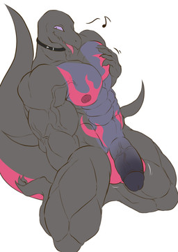abs anthro balls barazoku big_penis black_body collar collar_only crossgender erection genitals humanoid_genitalia humanoid_penis hyper male muscular muscular_anthro muscular_male nipple_fetish nipple_play nipples nude open_mouth penis pink_balls purple_eyes simple_background solo tail tongue tongue_out vein veiny_muscles veiny_penis geryorias nintendo pokemon generation_7_pokemon lizard pokemon_(species) reptile salazzle scalie absurd_res flat_colors hi_res