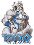 abs anthro barbell_piercing beard biceps black_claws black_nose black_sclera blue_body blue_eyes blue_fur blue_markings blue_text body_hair chest_tuft claws con_badge deltoids ear_piercing facial_hair finger_claws fur grin hair happy_trail industrial_piercing male markings muscular muscular_anthro muscular_male navel navel_piercing navel_ring nipple_barbell nipple_piercing nipples pawpads pecs piercing ring_piercing simple_background smile solo tail_covering_crotch text tuft white_background white_body white_fur white_hair white_text shockjaws pyro29 canid canine canis mammal wolf 2024 3:4 artist_name character_name dated hi_res runic_text watermark