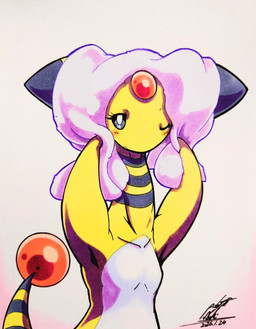 anthro blush blush_lines breasts eyeliner featureless_breasts female forehead_gem gem grey_eyes looking_at_viewer makeup one_eye_obstructed simple_background small_breasts solo tail towel yellow_body 025aki nintendo pokemon ampharos generation_2_pokemon pokemon_(species) 2026 absurd_res dated hi_res signature