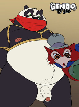 anthro areola arms_tied_behind_back balls bdsm belly big_belly bondage bound clothing duo eyewear foreskin fur gag gagged genitals glasses half-erect hands_behind_back hat headgear headwear humanoid_genitalia humanoid_penis looking_at_viewer male navel nipples nude open_mouth overweight overweight_anthro overweight_male pecs penis restraints rope rope_bondage rope_harness simple_background standing top_hat topwear wearing_glasses gendomx disney disney's_pinocchio dreamworks kung_fu_panda pinocchio "honest"_john_foulfellow master_po_ping bear canid canine fox giant_panda mammal red_fox true_fox digital_media_(artwork) hi_res