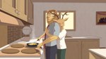 5_fingers anthro antlers bottomwear breakfast brown_body brown_eyes brown_fur clothing cooking cookware detailed_background duo egg fingers food frying_pan fur hair half-closed_eyes horn hug hugging_another hugging_from_behind intimate kitchen kitchen_utensils long_hair looking_at_another looking_at_partner male male/male morning narrowed_eyes natural_colors necktie pants photo picture_frame shirt smile t-shirt tools topwear symkaart beastars ibuki_(beastars) louis_(beastars) cervine deer felid lion mammal pantherine red_deer 16:9 absurd_res hi_res widescreen