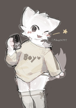 4_fingers anthro arm_tuft black_nose blush blush_lines cellphone cheek_tuft clothing electronics facial_tuft femboy fingers fluffy fluffy_tail fur grey_background grey_eyes head_tuft heart_after_text heart_symbol holding_cellphone holding_object holding_phone legwear long_sleeve_shirt looking_at_viewer male one_eye_closed open_mouth open_smile phone shirt shoulder_tuft simple_background smile solo standing star sticker tail text text_on_clothing text_on_shirt text_on_topwear thigh_highs topwear tuft white_body white_fur wink winking_at_viewer pikop silly_cat_(mauzymice) domestic_cat felid feline felis mammal 2025 artist_name colored_sketch english_text hi_res sketch