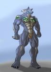 abs anthro biceps big_muscles biped black_nose blue_body blue_fur bulge claws clothed clothing fur grey_body grey_fur male muscular muscular_anthro muscular_male nipples pecs solo standing tattoo thong toe_claws topless underwear yellow_eyes cyran shiyou canid canine canis mammal wolf absurd_res hi_res