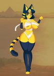 4_toes 5_fingers animal_crossing ankha_(animal_crossing) anthro areola areola_slip bandage bangs barefoot big_areola big_breasts big_ears big_nipples biped black_body black_clothing black_fur black_hair black_legwear black_nose black_tail blonde_hair breasts casual_exposure clothed clothing cocaine-leopard conditional_dnp domestic_cat ear_tuft egyptian eyebrow_through_hair eyebrows eyelashes eyeliner eyeshadow feet felid feline felis female fingers fluffy_ears front_view frown full-length_portrait fur glistening glistening_eyes glistening_hair gold_(metal) gold_jewelry green_eyes hair hi_res huge_breasts humanoid_hands ineffective_clothing jewelry legwear long_legs long_tail looking_aside looking_at_viewer makeup mammal mascara multicolored_body multicolored_fur multicolored_hair multicolored_tail navel nintendo nipple_outline nipples orange_eyeshadow outside paws pinup portrait pose prick_ears pubic_mound pyramid sand shadow short_hair skimpy sky small_waist snout solo standing straight_hair tail thick_thighs thigh_gap thigh_highs toes translucent translucent_hair tuft two_tone_body two_tone_fur two_tone_hair two_tone_tail wide_hips yellow_areola yellow_body yellow_fur yellow_nipples yellow_tail