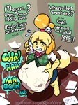 abdominal_bulge anthro belly big_belly bodily_fluids breasts clothed clothed_female clothing dialogue digestion_noises duo female female_pred fully_inside hand_on_belly male male/female oral_vore phone_call same_size_vore speech_bubble sweat sweatdrop tail unwilling_prey vore opisvore animal_crossing nintendo isabelle_(animal_crossing) villager_(animal_crossing) canid canine canis domestic_dog mammal hi_res