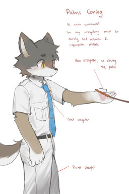 5_fingers accessory adolescent anthro arm_tuft badge belt black_belt blue_necktie blush blush_lines bottomwear cane clothed clothed_anthro clothed_male clothing corporal_punishment countershading elbow_tuft eyebrows fingers fur gloves_(marking) grey_body grey_fur male markings necktie offscreen_character pants pawpads raised_inner_eyebrows school_uniform shirt simple_background solo submissive submissive_male submissive_young text topwear tuft uniform white_background white_bottomwear white_clothing white_pants white_shirt white_topwear yellow_eyes young young_anthro young_male laggy_(artist) kyle_(laggy) canid canine canis coyote mammal 2025 absurd_res english_text hi_res