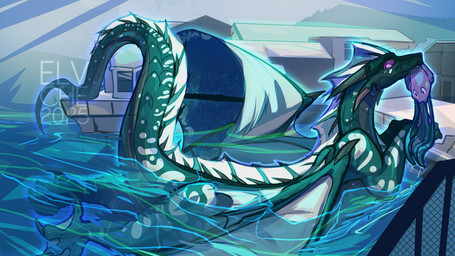 ambiguous_gender claws detailed_background eating feet feral fishing frill_(anatomy) green_body horn long_neck looking_at_viewer membrane_(anatomy) membranous_frill membranous_wings partially_submerged pier purple_eyes sea seaside slightly_chubby solo swimming tail thick_tail toe_claws toes water webbed_feet wings conditional_dnp elvche mythology wings_of_fire dragon mythological_creature mythological_scalie scalie seawing_(wof) 2025 digital_media_(artwork) male_(lore)