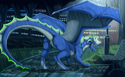 anus bench bioluminescence blep blue_body blue_scales facial_horn female feral genitals glowing horn lamp looking_at_viewer looking_back looking_back_at_viewer membrane_(anatomy) membranous_wings nose_horn outside park park_bench raining rear_view scales solo standing tail tongue tongue_out vulva wings dreyk-daro european_mythology mythology dragon mythological_creature mythological_scalie scalie western_dragon hi_res