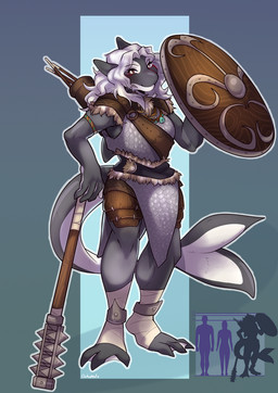 adventurer anthro armband armor black_body brown_eyes chart feet female hair height_chart jewelry legband long_hair mace melee_weapon membrane_(anatomy) paladin quiver_(object) scale_armor shield simple_background smile solo toes weapon webbed_feet white_hair catniped nuala_(whispwhim) aquatic cetacean dolphin mammal oceanic_dolphin orca toothed_whale model_sheet