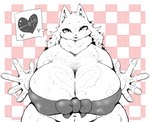 5_fingers anthro big_breasts breasts cleavage clothed clothing female fingers fur heart_symbol huge_breasts kemono licking licking_lips navel nipple_outline pawpads ribbons solo thick_thighs tongue tongue_out topwear wide_hips cocolog roko_(cocolog) canid canine canis mammal wolf half-length_portrait pictographics portrait