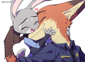 anthro blush buckteeth clothed clothing duo eyes_closed female heart_symbol hug hugging_another hugging_from_behind larger_male male male/female necktie open_mouth open_smile police police_uniform scut_tail short_tail size_difference smaller_female smile tail teeth text uniform greenpurrpled disney zootopia judy_hopps nick_wilde canid canine european_rabbit fox lagomorph leporid mammal oryctolagus rabbit red_fox true_fox artist_name hi_res