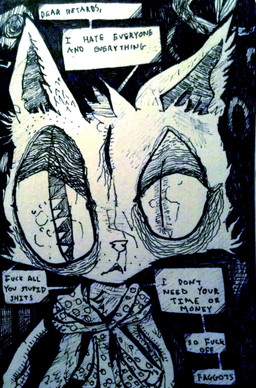 ableist_slur anthro big_eyes clothed clothing eyes_in_darkness homophobic_slur insult insulting_viewer male rude slur solo surreal_bg text naircat misanthropy domestic_cat felid feline felis mammal 2014 english_text traditional_media_(artwork)