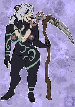 anthro breasts clitoris druid female genitals long_tongue magic_user melee_weapon nipples nude polearm scythe solo tongue tribal_spellcaster vulva weapon woad arwenscoots conditional_dnp bear mammal sloth_bear ursine hi_res